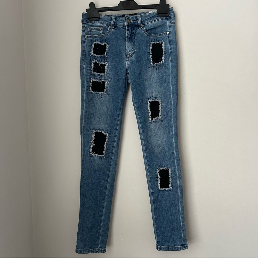 Joseph Ribkoff  Black Crystal-incrusted Patchwork Jeans - Picture 3 of 8